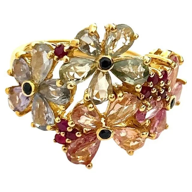 Bochic “Orient” Ruby & Multi Fancy Sapphire Cocktail Ring Set 18K & Silver, Size 8.5