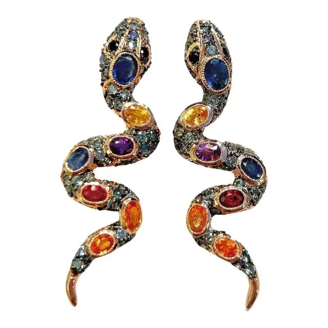 Bochic “Orient” Ruby & Multi Sapphire Serpent Earrings Set In 18K Gold & Silver – a pair