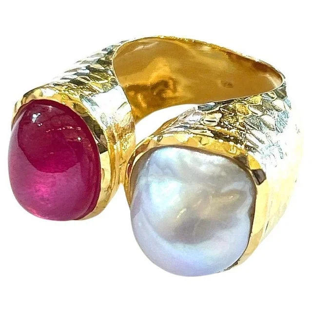 Bochic “Orient” Ruby & South Sea Pearl 2 Gem Ring Set 18K & Silver, Size 8