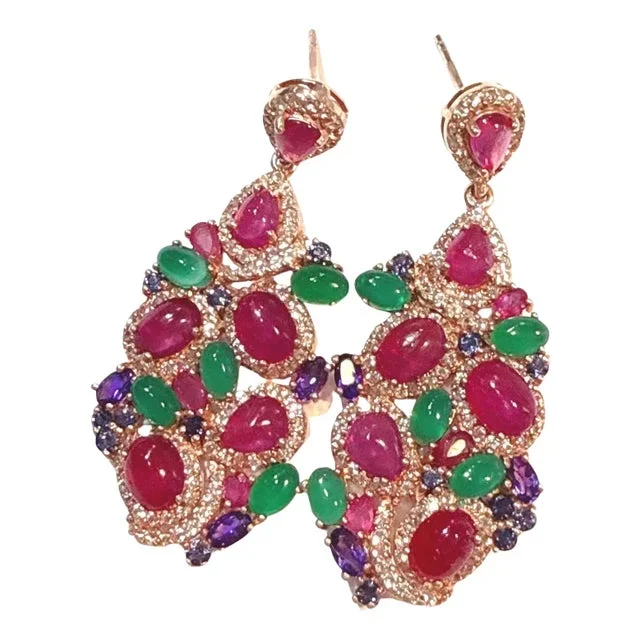 Bochic “Orient” Ruby, Green Agate & Amethyst Earrings Set In 18K Gold & Silver – a pair