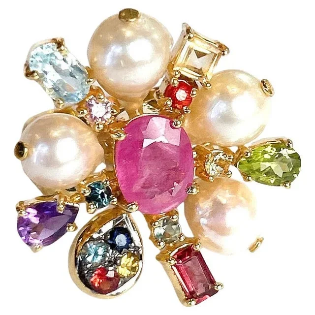 Bochic “Orient” StarBurst Multi Gem & Pearl Cocktail Ring Set 18K Gold & Silver, Size 8.5
