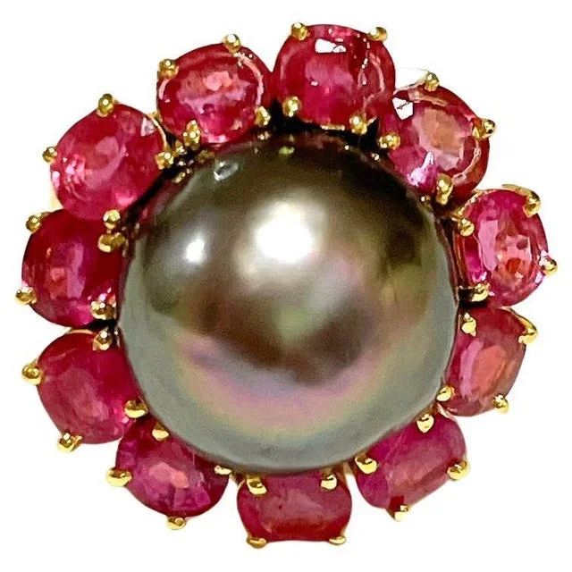 Bochic “Orient” Tahiti South Sea & Multi Ruby Cluster Ring Set 18K & Silver, Size 5.5