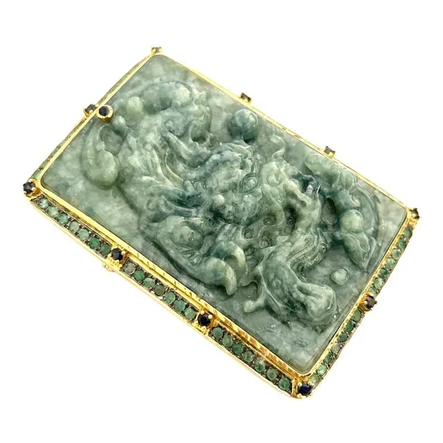 Bochic “Orient” Vintage Jade, Emerald Brooch / Pendant Set In 18K Gold & Silver