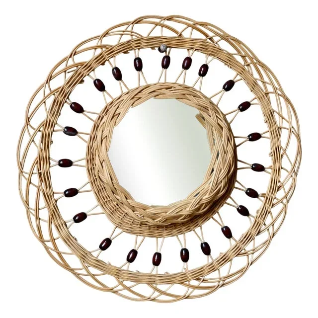 Bohemian Rattan Sun Mirror, 1960s