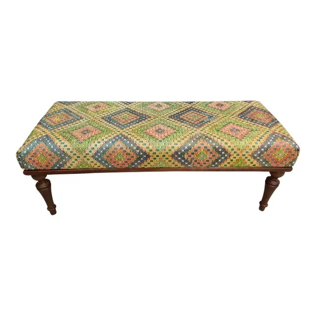Boho Chic Printed Rug Fabric Upholstered Bench