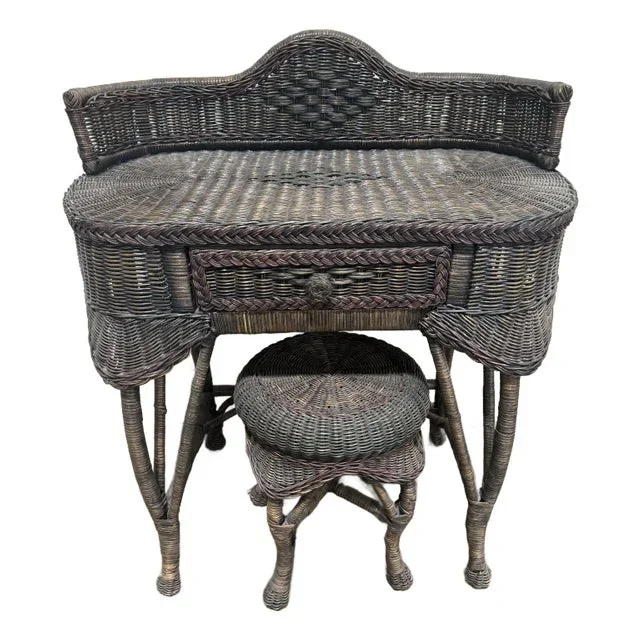 Boho Vintage Wicker Vanity Desk & Stool