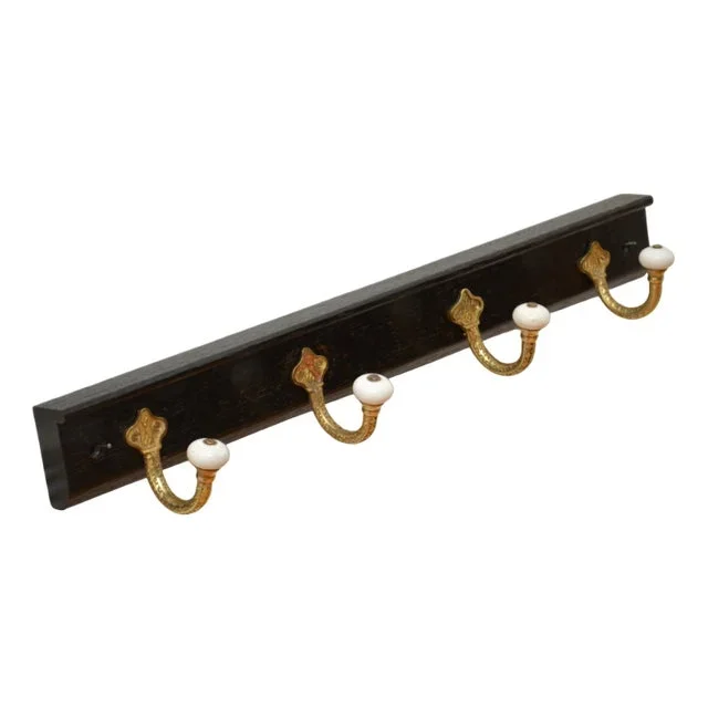 Brass and Ceramic Coat Hooks on Oak Backing Coat Rack, 1880