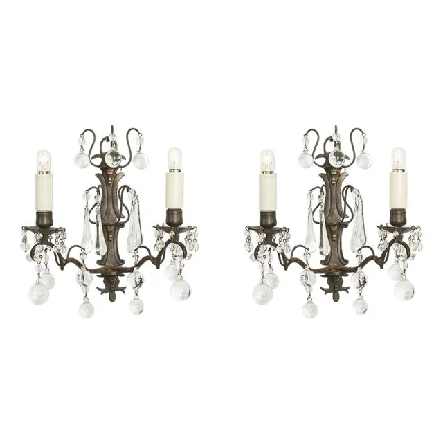 Brass and Crystal Wall Lights, Early 1900s, Set of 2