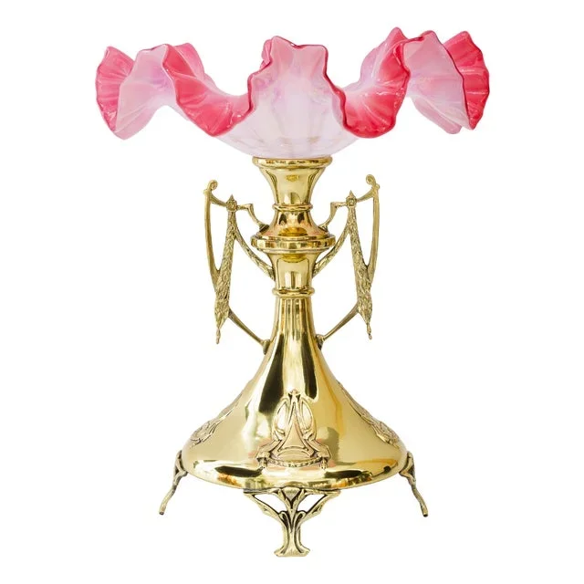 Brass Centerpiece with Original Opaline Glass Shade, 1908