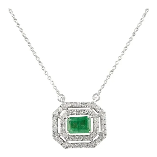 Brilliant Emerald Diamond Pendant Necklace 14k Solid White Gold