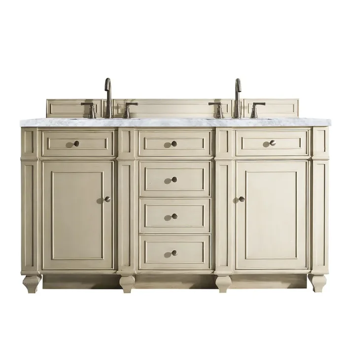 Bristol 60″ Double Vanity, Vintage Vanilla, W/ 3 Cm Carrara Marble Top