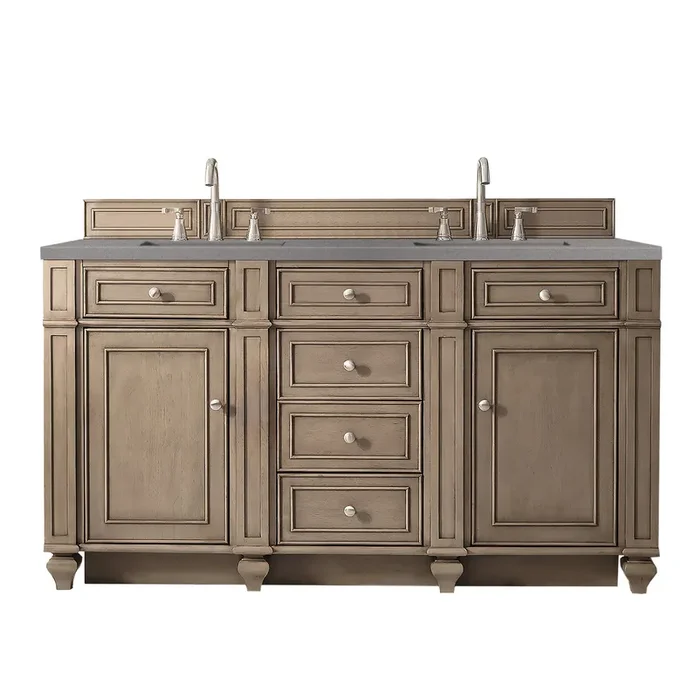 Bristol 60″ Double Vanity, Whitewashed Walnut, W/ 3 Cm Grey Expo Quartz Top