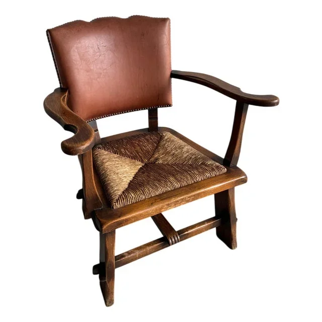 Brutalist Armchair with Wicker Seat and Leather Back