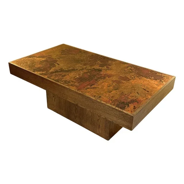 Brutalist Coffee Table with Etched Copper Top attributed to Bernhard Rohne, 1960s