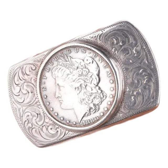 c1950 Hand engraved sterling buckle with 1880s Silver dollar