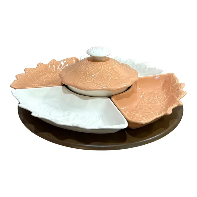 California Pottery Midcentury Coral/White Lazy Susan Appetizer Serving Tray