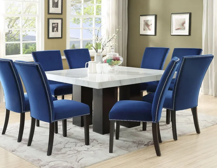Camila Black/Blue Square Marble Top Dining Room Set
