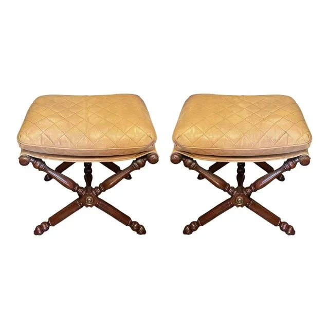 Campaign / Neo- Classical Style Lilian August Camel Leather Ottomans – Pair