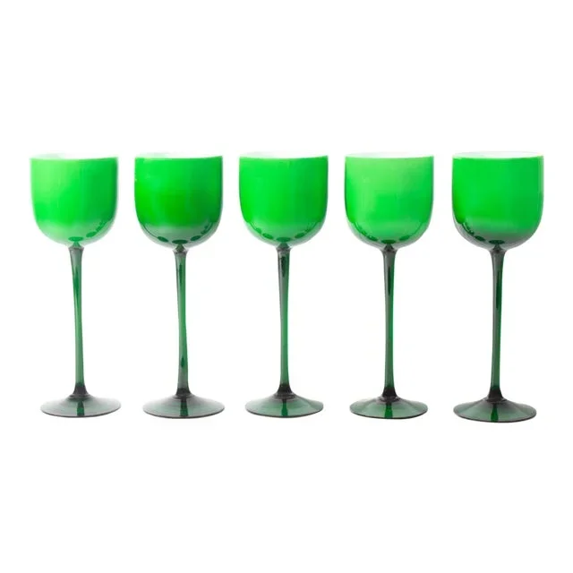 Carlo Moretti Cased Green 9.5” Wine Glasses, Set of Five