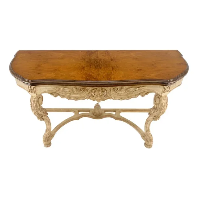 Carved Base Two Tone Burl Walnut Convertible Console Sofa Dining Table