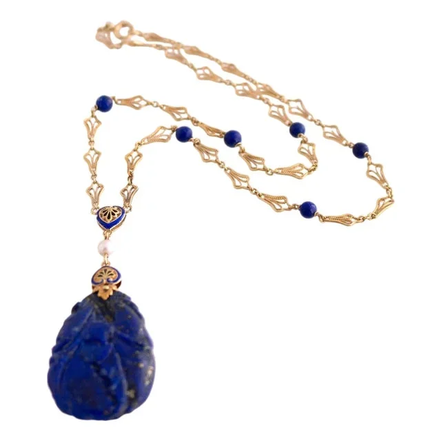 Carved Lapis and Enamel Necklace