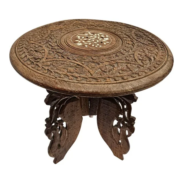 Carved Wooden Stand or Petite Table With Inlay