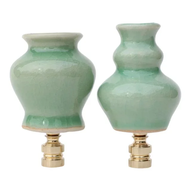 Celadon Pottery Vase Lamp Finials on Golden Brass Hardware – a Pair