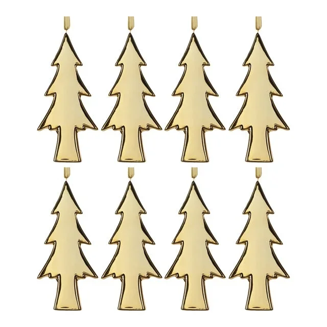 Ceramic Gold Flat Slim Tree Hanging Ornaments, Set of 8