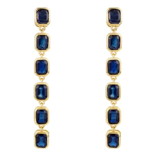 Certified 6.21 Ct Blue Sapphire Long Dangle Earrings in 14k Gold- A Pair