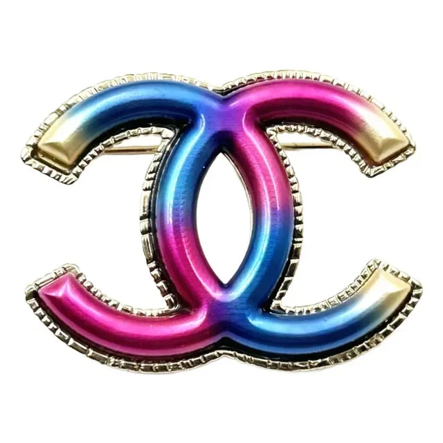 Chanel Gold CC Fuchsia Blue Brooch
