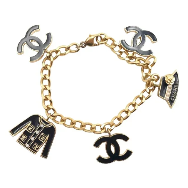 Chanel Vintage Gold Plated CC Black Hat Jacket Charm Bracelet