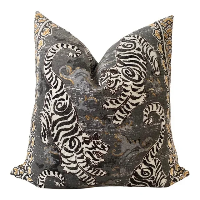 Charcoal and Brown Embroidered Bengal Tiger Pillow