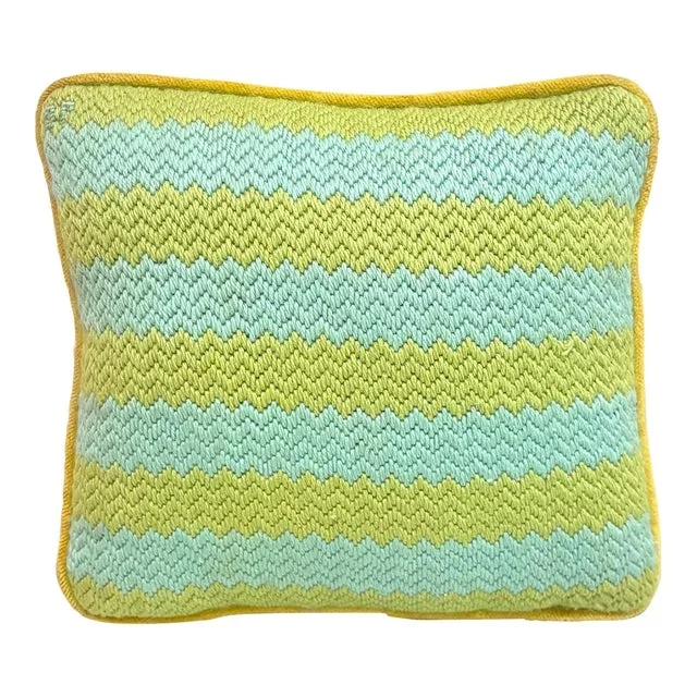 Chartreuse/Aqua Chevron Needlepoint Velvet Pillow