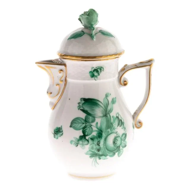 Chinese Bouquet Pattern Fine Gilt Porcelain Ceramic Coffee Pot with Rose Finial from Herend Hungary