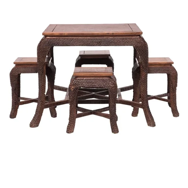 Chinese Dragon Scale Table Set with Square Stools, c. 1900 – 5 Pieces