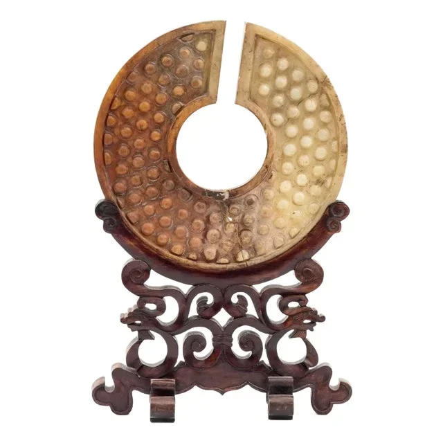 Chinese Greenstone Bi on Wood Stand