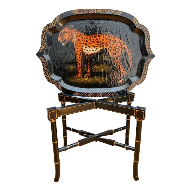Chinoiserie Black Lacquered Faux Bamboo Table With Removable Leopard Tray