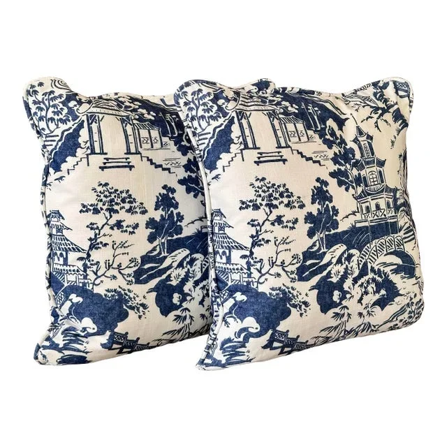Chinoiserie Indigo Blue Pagoda Self Welt Down Insert Pillows-Pair