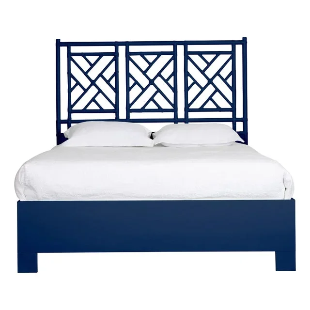Chippendale Platform Bed Queen, Navy Blue