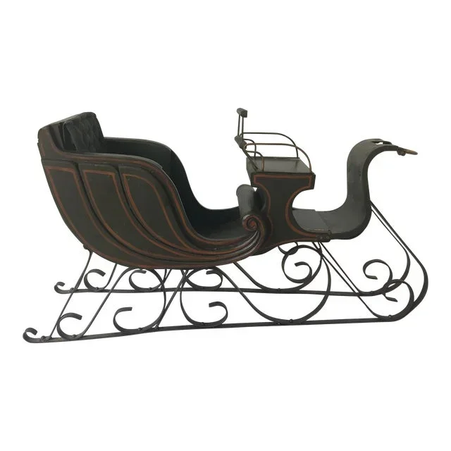 Christmas Vintage Wood/Iron Sleigh Decor. Fabric Nail Tufted Wood/Iron Seating