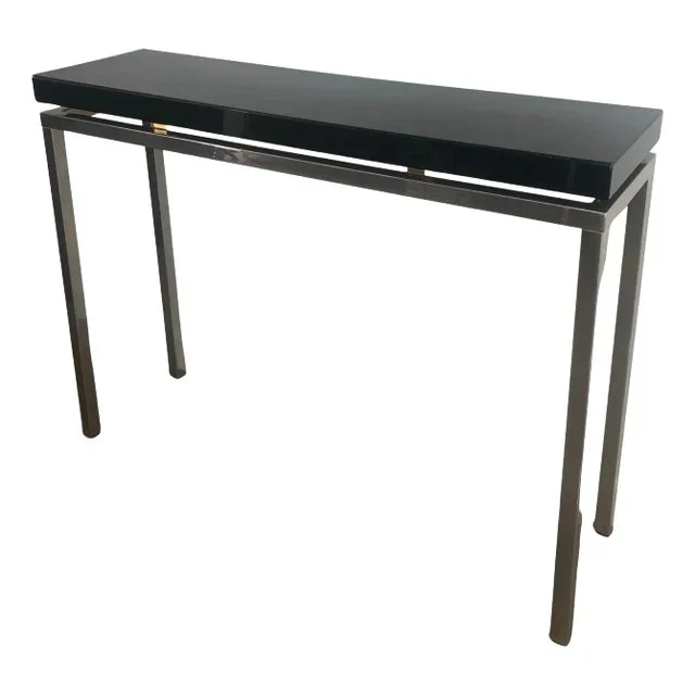 Chrome Console With Thick Black Lacquered Top. French Work. Circa 1970