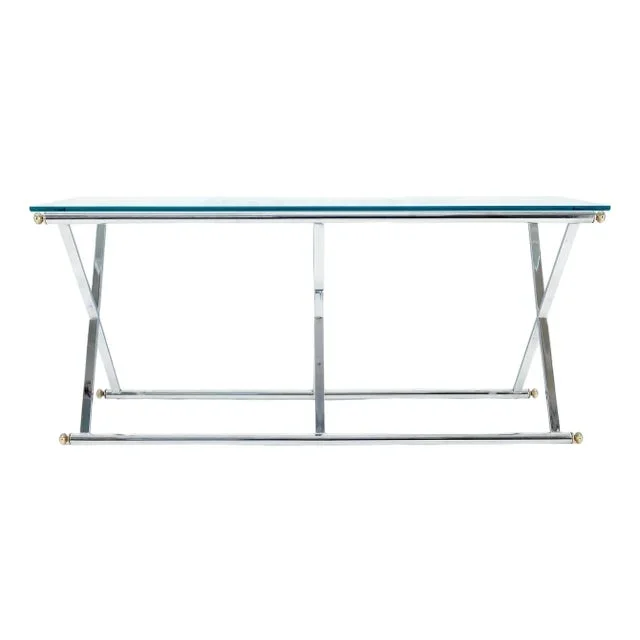 Chrome X Base Glass Top Long Console Sofa Table Mid Century Modern c1970s