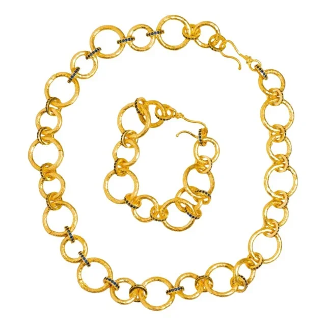 Chunky Link Chain Gold & Sapphire Statement Choker Necklace with Bracelet Set, 2 Pieces