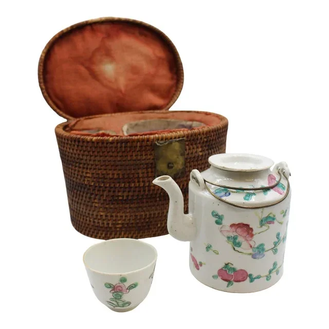 Circa 1880s Famille Rose Tea Pot & Tea Bowl in Basket