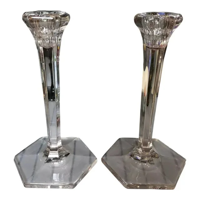Circa 1930 Art Deco Pressed Glass Hexagonal Candlesticks – a Pair