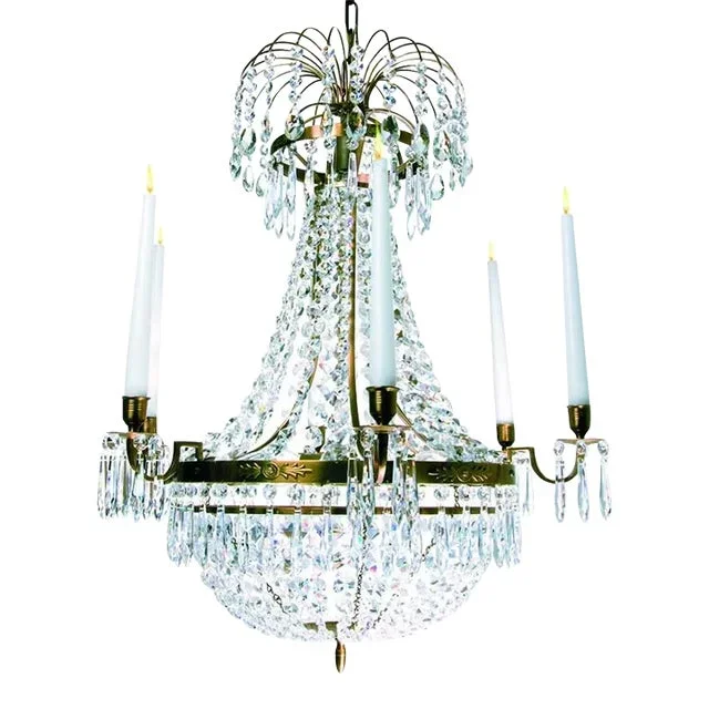 Classic Light Brass Empire 6 Arm Chandelier With Crystal Octagons