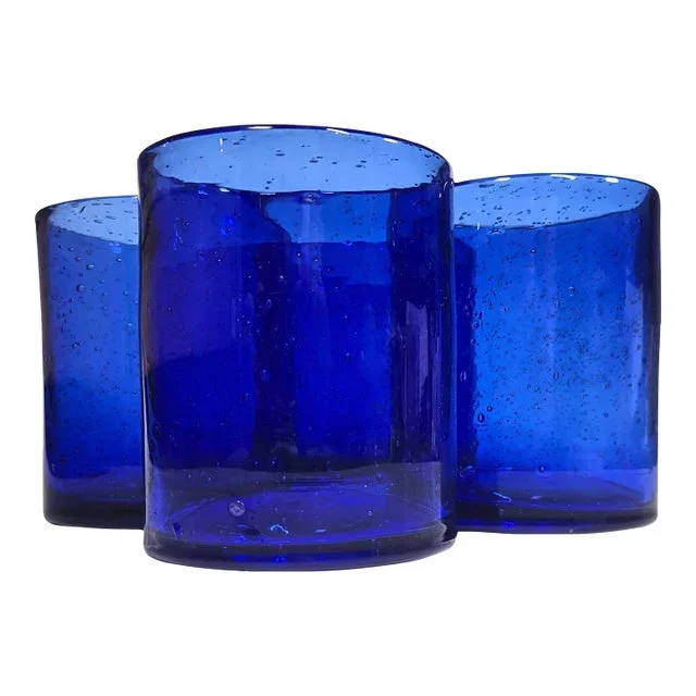 Cobalt Bubbled Double Old Fashioned Glasses- Set of Four