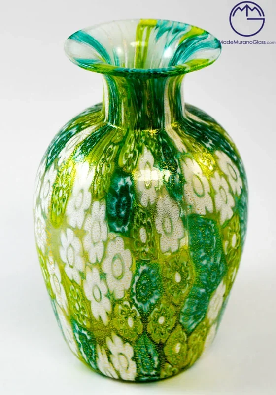 Collezione Vasi Di Murano Mignon Verde Con Murrina Millefiori E Oro
