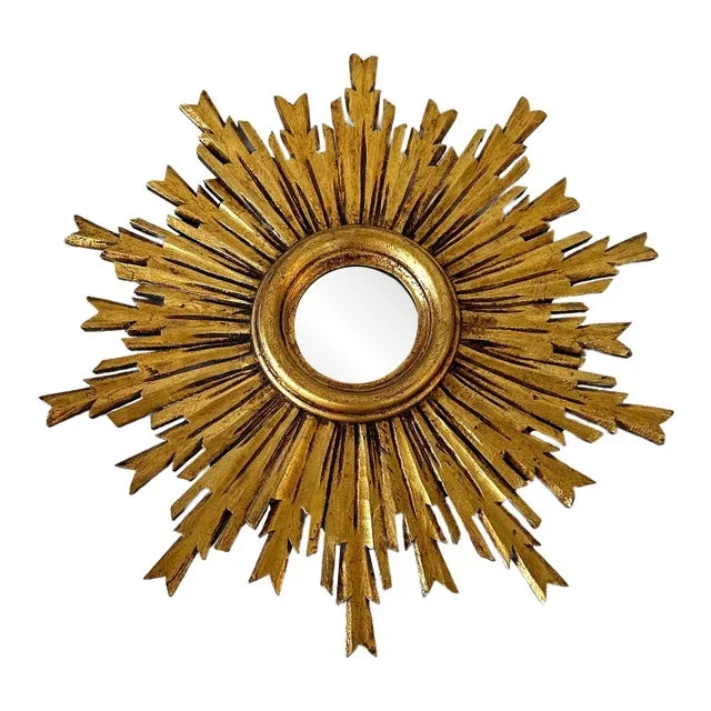 Colonial Style Gilt Carved Wood Sunburst Wall Mirror From Peru