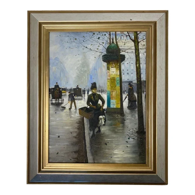 Color Print Depicting Parisian Street Scene, Paris France City & Metro Station